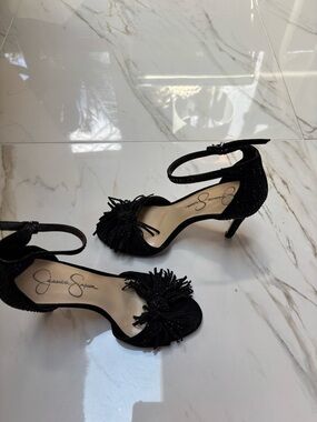 Jessica Simpson Black Fringe Ankle-Strap Heels
